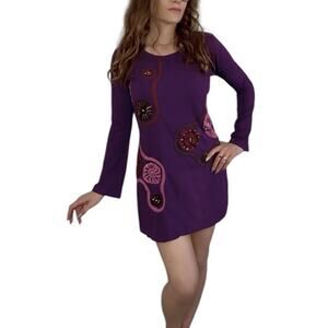 KATHMANDU IMPORTS Nepal 100% Cotton Embroidered Mini Dress Purple Suns S/M